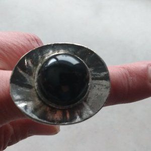 Real Silver and black stone women adjustable band funky ring, one size fits all